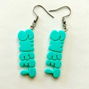 Light Teal Acrylic Sweet Letter Earrings, NWT, Unworn